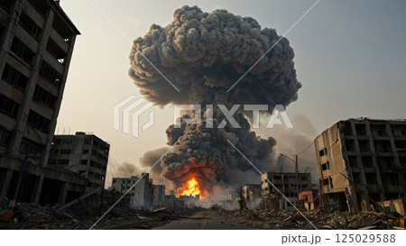 Nuclear mushroom cloud rising over urban skyline, devastating city buildings and generating immense destruction during simulated apocalyptic nuclear weapon scenario 125029588