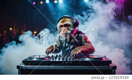 funny monkey dj in action on the party 125029589