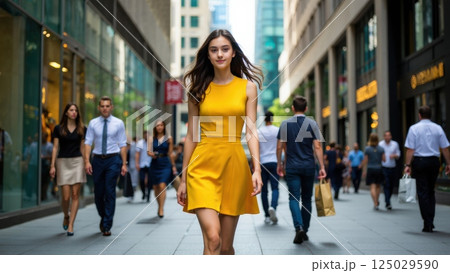 beautiful woman in a dress walking in the city down the streets 125029590