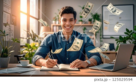 Young Entrepreneur Celebrating Success at Desk with Laptop and Dollar Bills Flying in the Air. Motivation, Business Growth, and Financial Freedom Concept. 125029594