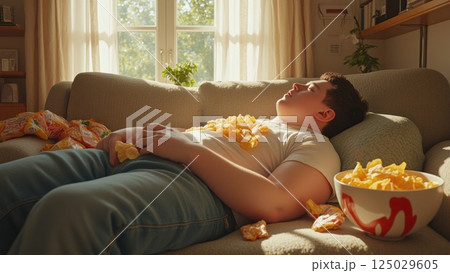 Young obese man relaxing on couch, eating potato chips from bowl and watching TV during day at home 125029605