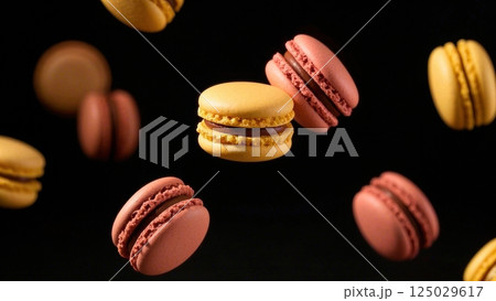 Delicious macarons, floating in the air, 125029617