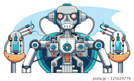 A detailed close-up of a surgical robot in an operating room reveals its intricate mechanisms and advanced features, offering a high-quality image suitable for medical publications, technology journa 125029779