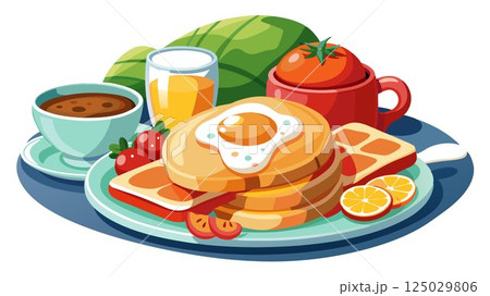 A detailed close-up of a breakfast scene highlights the textures and vibrant colors of the food, creating a high-quality image suitable for food blogs, restaurant menus, or any application requiring 125029806