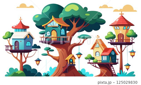 This image offers a visually enchanting and imaginative depiction of tree houses against a bright white sky, effectively capturing the whimsical charm and fantastical details of these unique dwelling 125029830