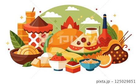 A detailed close-up of various food items from a food festival reveals the intricate details of their preparation, their vibrant colors, and the overall appetizing appeal of these culinary creations, 125029851