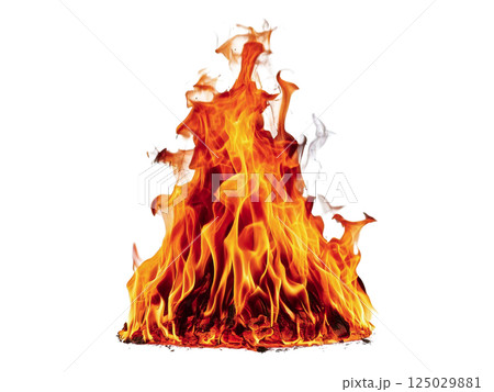 Fiery orange flames engulf a pile of burning embers against a stark white background.  Dynamic and intense, this image is perfect for illustrating concepts of energy, power, passion, or destruction. 125029881