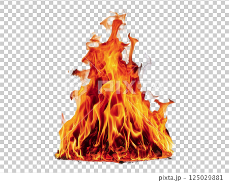 Fiery orange flames engulf a pile of burning embers against a stark white background.  Dynamic and intense, this image is perfect for illustrating concepts of energy, power, passion, or destruction. 125029881