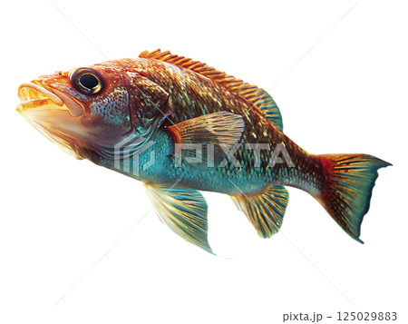 Vibrant orange fish swims in crystalclear turquoise water, sunlight filtering through the surface. 125029883