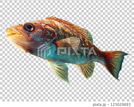 Vibrant orange fish swims in crystalclear turquoise water, sunlight filtering through the surface. 125029883