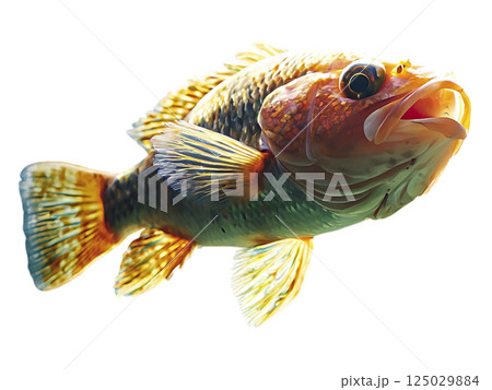 Vibrant orange fish swims in sunlit aquarium.  Stunning underwater scene, perfect for nature, wildlife, or aquatic themes.  Use for websites, brochures, or magazine layouts. 125029884