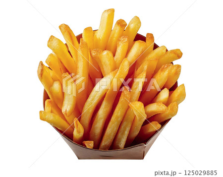 Golden, crispy french fries overflowing from a brown paper container.  A delicious, high-resolution image perfect for menus, food blogs, or advertising. 125029885