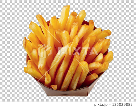 Golden, crispy french fries overflowing from a brown paper container.  A delicious, high-resolution image perfect for menus, food blogs, or advertising. 125029885