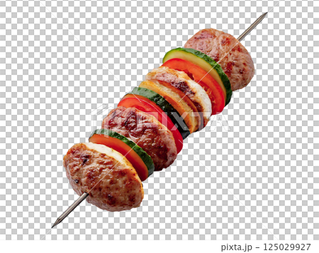 Grilled meat skewers with zucchini and tomato slices.  Perfect for restaurant menus, cookbooks, or food blogs.  High-resolution image showcasing delicious, appetizing food photography. 125029927