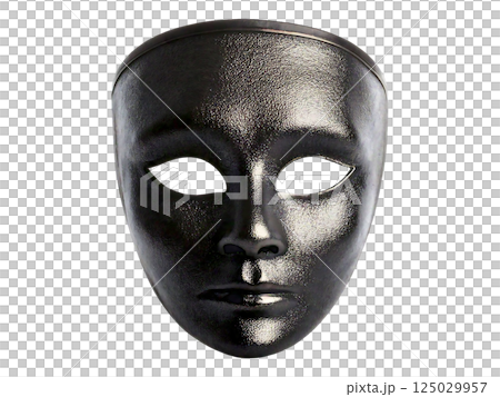 Dramatic black theatrical mask, metallic texture, isolated on white. Perfect for concepts of anonymity, secrecy, or performance art. Dramatic black theatrical mask, metallic texture, isolated on white. Perfect for concepts of anonymity, secrecy, or performance art. 125029957