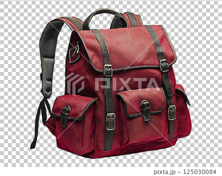 Stylish maroon backpack with rich brown leather accents.  Perfect for travel, adventure, or everyday use. 125030084