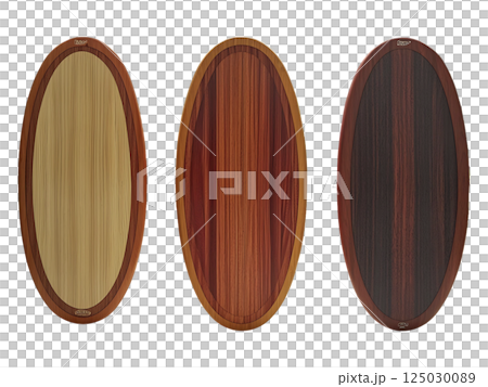 Three elegant oval wooden boards, showcasing rich wood grain variations, stand against a sunlit window overlooking a cityscape.  Perfect for interior design, wellness, or lifestyle concepts. 125030089