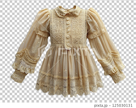 Elegant cream lace dress, vintage style. Delicate embroidery and ruffled sleeves. Perfect for fashion, history, or fairytale themes.  Evokes romance, nostalgia, and femininity. 125030131