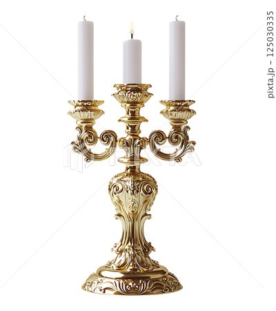 Elegant gold candelabra with three lit candles against a minimalist white background.  This ornate, vintagestyle piece evokes feelings of romance, luxury, and celebration. 125030335