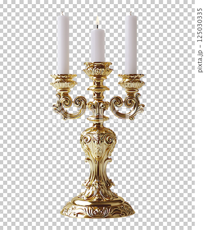 Elegant gold candelabra with three lit candles against a minimalist white background.  This ornate, vintagestyle piece evokes feelings of romance, luxury, and celebration. 125030335