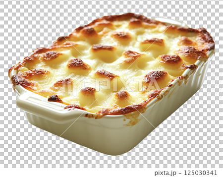 Goldenbrown gratin dauphinois in a rustic white ceramic baking dish.  A comforting, classic French dish, perfect for showcasing homecooked meals, culinary blogs, or restaurant menus. 125030341