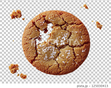 A rustic, cracked brown sugar cookie sprinkled with sea salt sits on a white textured background.  A few crumbs are scattered nearby. 125030413