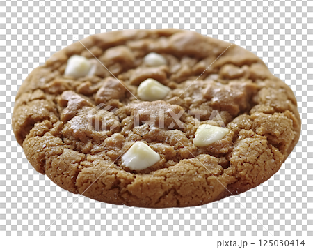 Closeup of a goldenbrown cookie studded with white chocolate chips.  Its rustic texture and slightly irregular shape evoke warmth and homemade goodness. 125030414