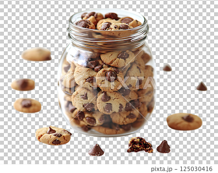 A mason jar overflows with freshly baked chocolate chip cookies, scattered around it on a pristine white background. 125030416
