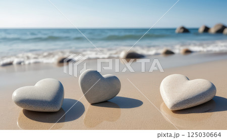 Three heart shaped stones rest peacefully on sandy beach, symbolizing love and harmony by tranquil sea. 125030664