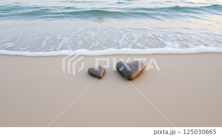 Two heart shaped stones rest on sandy beach, symbolizing peace and love by gentle waves of ocean. 125030665