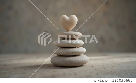 heart shaped stone rests atop peaceful stack of smooth stones, symbolizing balance, love, and harmony in serene setting. 125030666