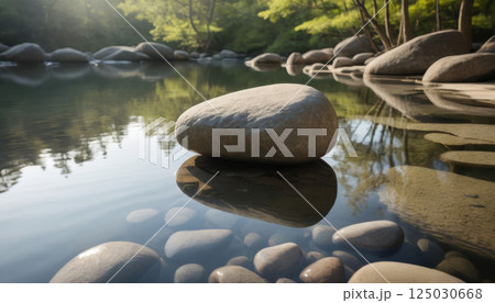 serene riverbank with smooth stones reflecting in calm water, surrounded by lush green trees, evokes peace and love. 125030668