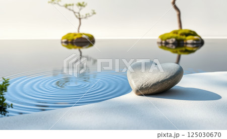 heart shaped stone rests peacefully by tranquil pond, radiating love and harmony amidst serene ripples and minimalist nature. 125030670