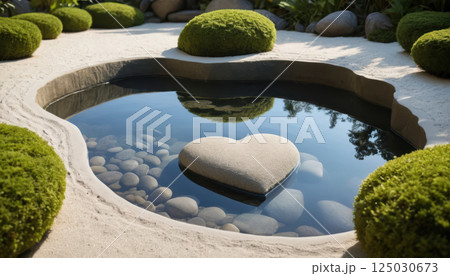 serene heart shaped stone rests in tranquil pond surrounded by lush greenery, evoking peace and love in harmonious garden. 125030673