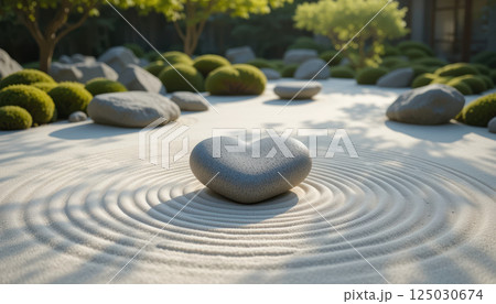 heart shaped stone rests peacefully serene Zen garden, surrounded by raked sand and lush greenery, evoking love 125030674