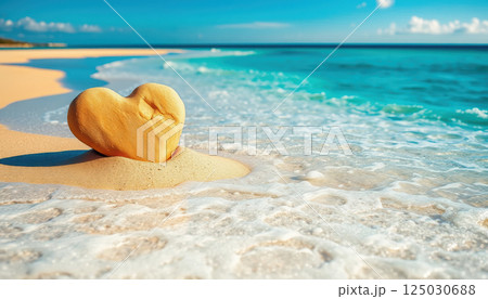 heart shaped rock rests peacefully on sandy beach, surrounded by gentle waves and serene turquoise sea under clear sky. 125030688