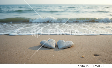 Two heart shaped stones rest peacefully sandy beach, with gentle waves and serene ocean backdrop symbolizing love 125030689