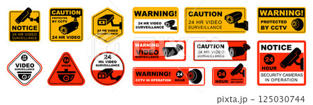 Sign Illustration Set of Video Surveillance CCTV. Editable Security Warning Signboards with Camera Icons 125030744