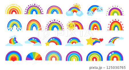 Cartoon Rainbow Icon Set. Hand Drawn and Simple Colorful Rainbows with Sun, Clouds, Heart, Star Elements 125030765