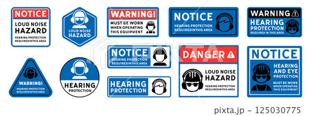 Hearing Protection Required Sign Set. Editable Safety Notice Signboards with Ear Protection Icons and text.. Hearing Protection Required Sign Set. Editable Safety Notice Signboards with Ear Protection Icons and text.. 125030775