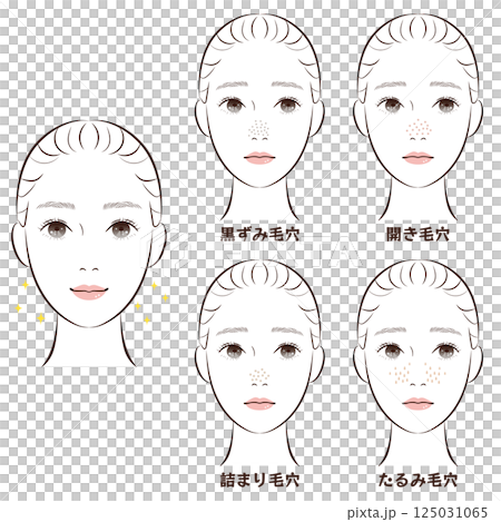 鼻毛孔困擾4種套裝 |皮膚鬆弛、阻塞、黑頭、毛孔粗大的插圖素材 125031065