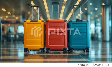 Suitcases in the foreground with an airport terminal in the background, symbolizing travel and departure. Ideal for content related to airports, vacations, travel planning, or journey preparation Suitcases in the foreground with an airport terminal in the background, symbolizing travel and departure. Ideal for content related to airports, vacations, travel planning, or journey preparation 125031093