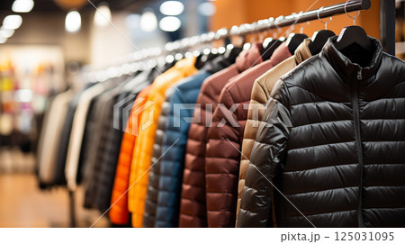A display of black and gray men's jackets hanging on hangers in a clothing shop. Perfect for content related to fashion, shopping, retail, men's apparel, or winter clothing collections A display of black and gray men's jackets hanging on hangers in a clothing shop. Perfect for content related to fashion, shopping, retail, men's apparel, or winter clothing collections 125031095