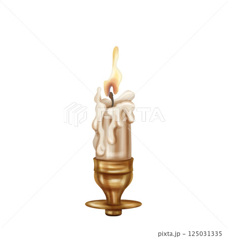 Golden metal candelabra with a long burning candle. Decoration in victorian gothic old victorian design. Research archive, Royal library. Handmade illustration on white background Golden metal candelabra with a long burning candle. Decoration in victorian gothic old victorian design. Research archive, Royal library. Handmade illustration on white background 125031335