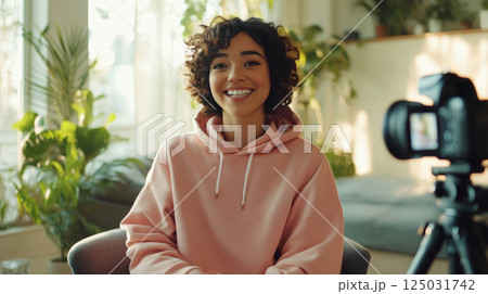 Smiling content creator recording a video in a cozy home studio 125031742