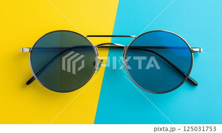 Stylish Round Blue Sunglasses on Vibrant Yellow and Blue Background 125031753
