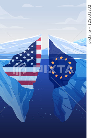 USA EU trade war concept iceberg flags ocean scene representing tariffs conflict 125031832