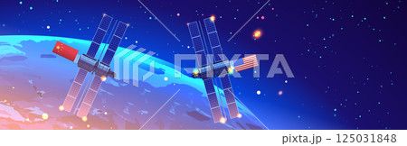 Trade war space satellites China USA concept. Two satellites with Chinese and American flags orbit Earth against a starry sky. Futuristic design 125031848