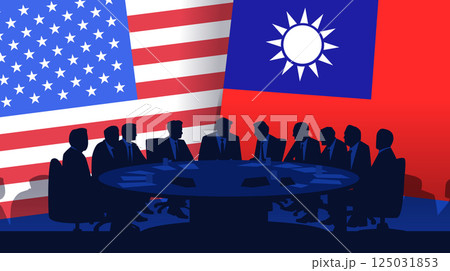 Trade war USA Taiwan negotiation concept silhouettes of businesspeople around table with USA and Taiwan flags in background international relations theme Trade war USA Taiwan negotiation concept silhouettes of businesspeople around table with USA and Taiwan flags in background international relations theme 125031853