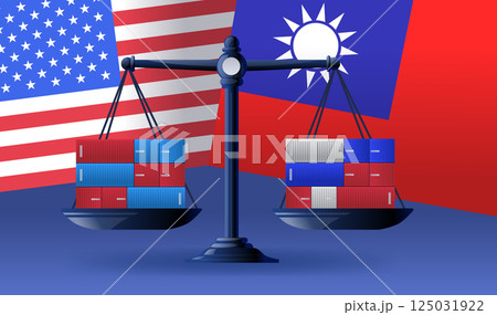 Trade war USA Taiwan concept with scales balancing shipping containers against USA and Taiwan flags digital artwork 125031922